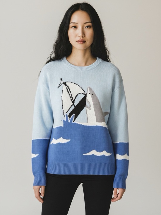 Sweaters - Shark Graphic Knit Sweater NWT Medium Coastal Beach Miss Sparkling
